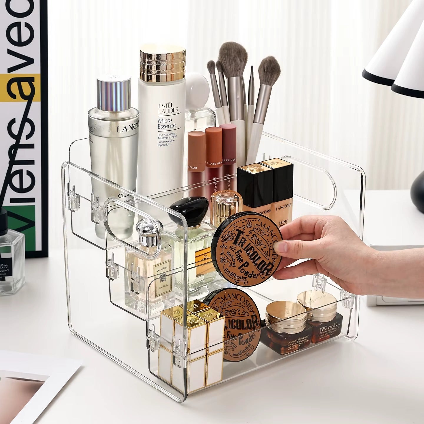 Organizador de cosméticos acrílico transparente con múltiples compartimentos para maquillaje y skincare