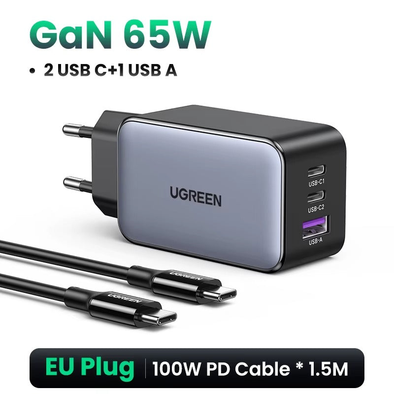 Cargador 65W GaN USB-C Carga Rápida iPhone 12/13 Pro Max + Laptop | QC 4.0/3.0 🔌