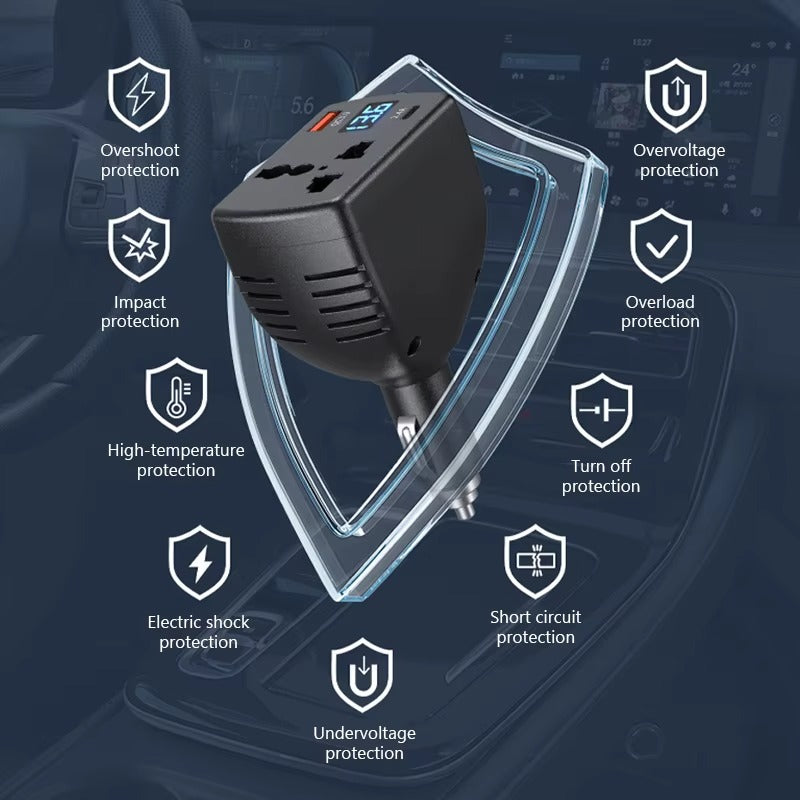 Inversor de Corriente SEAMETAL 150W  12V/24V a 220V | Puerto USB QC3.0 | Convertidor para Auto