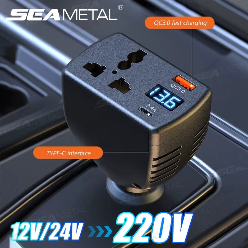 Inversor de Corriente SEAMETAL 150W  12V/24V a 220V | Puerto USB QC3.0 | Convertidor para Auto