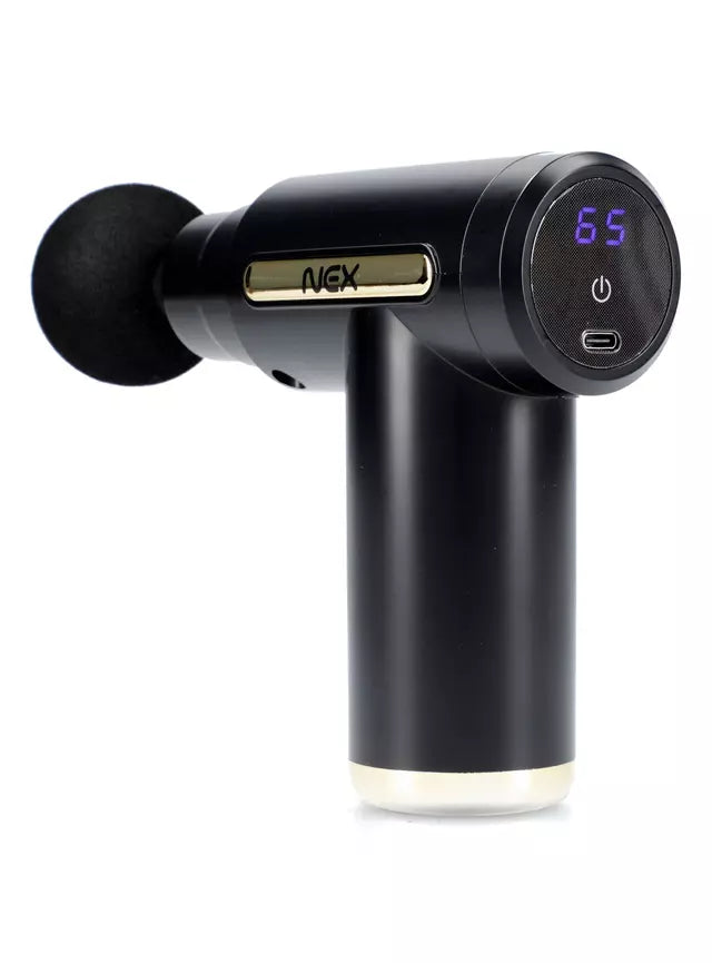 Pantalla digital LCD de pistola de masaje mostrando control de velocidad y nivel de batería