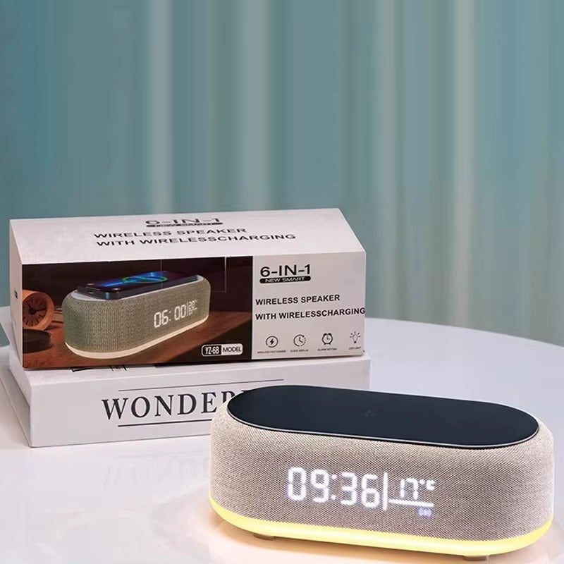 Altavoz inteligente 6 en 1 con Bluetooth, carga inalámbrica, reloj despertador y luz RGB ambiental