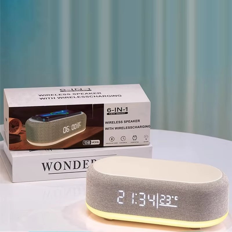 Estación multifunción con cargador inalámbrico 15W, termómetro digital y altavoz Bluetooth